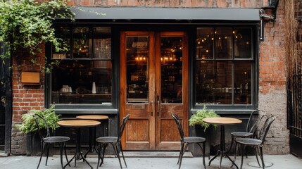 Rustic Outdoor Cafe Seating with Brick Wall and Green Vines