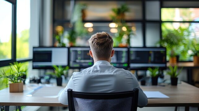 Businessman Working on Multiple Monitors in Office.
