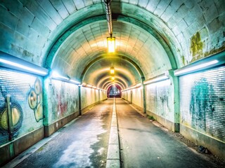 Fototapeta premium Neon Lit Tunnel with Yellow Lights - Vintage Style Photography for Urban Aesthetics