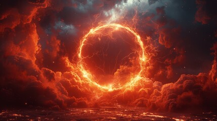 Fototapeta premium Abstract Fantasy Red Lightning Circle Frame with Swirling Glow Particles on Dark Sky