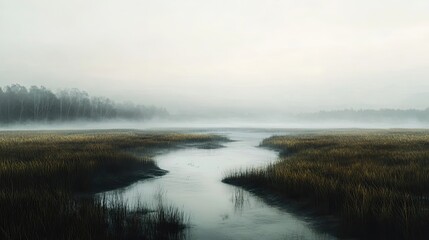 Fototapeta premium A Serene River Winding Through a Misty Meadow