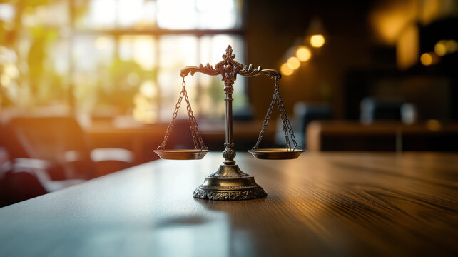 Justice Scale on Wooden Table.