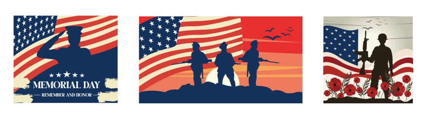 Memorial day with American flag and soldiers. Silhouette of soldier with US flag. Memorial Day in America. Set flat vector modern illustration