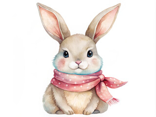 cute watercolor bunny with large ears and pink polka dot scarf sits adorably, exuding whimsical charm that brings joy and warmth