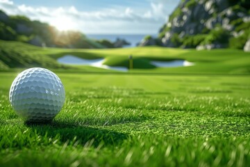 Obraz premium Golf Ball on Green Fairway Near Hole with Lush Scenic Golf Course Landscape