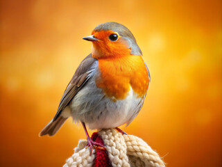 Fototapeta premium bird with vibrant orange chest sits gracefully on cozy scarf against warm background, exuding charming and inviting presence