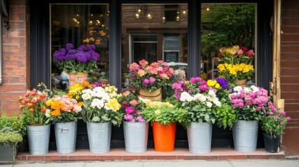Fototapeta premium Colorful Flower Arrangements in Metal Buckets Outside a Shop