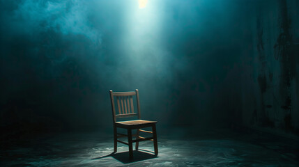 Empty wooden chair under a spotlight in a dark, foggy room