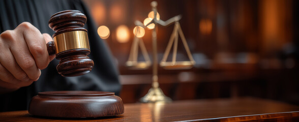 Gavel and Scale of Justice in Courtroom.