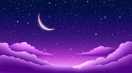 A crescent moon and stars shine brightly in a night sky with purple clouds.