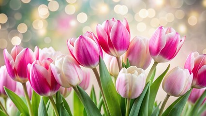 Fototapeta premium Night Photography of Bright Pink and White Tulips on a White Background for Floral Decor