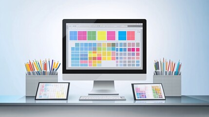 A desktop computer with a color palette on the screen, two tablets with a color palette on the screen, and two containers of colored pencils on the desk.