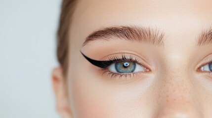Obraz premium A close-up image featuring striking blue eyes with bold eyeliner and perfectly defined eyebrows against a soft, neutral background.