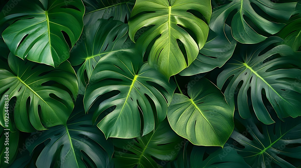 Poster a vibrant, lush arrangement of green leaves, showcasing intricate patterns and textures, creating a 