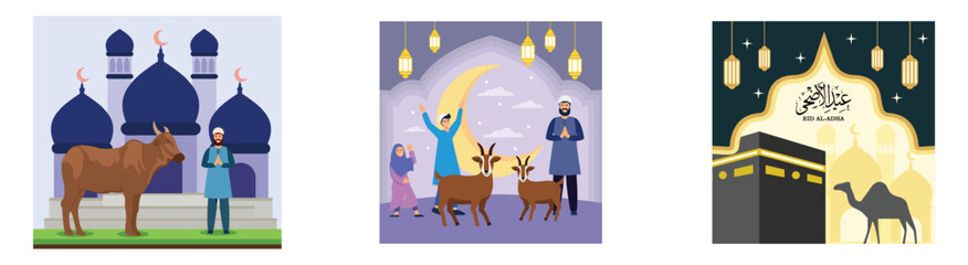 Fototapeta premium The community donated a cow to be sacrificed. A father and his children are celebrating Eid al-Adha. Islamic Eid al-Adha celebration. Set flat vector modern illustration