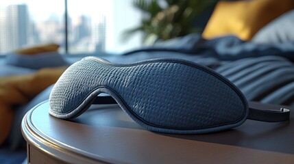 A blue sleep mask resting on a bedside table in a cozy bedroom.