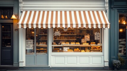 A storefront bakery with a striped awning displaying fresh baked goods.