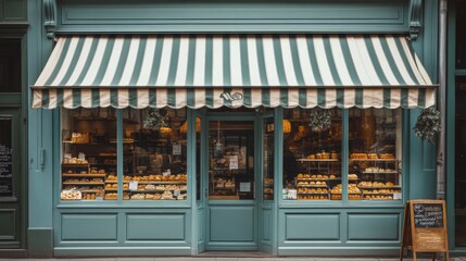 Green-Trimmed Storefront with Striped Awning and Display of Pastries
