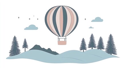 Obraz premium A hot air balloon floats above rolling hills with pine trees and a few clouds in the sky.