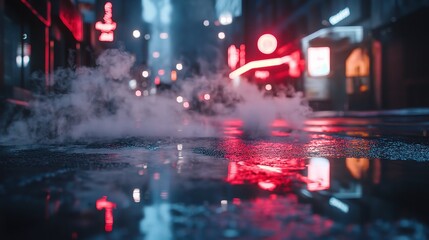 Urban Night Scene with Reflections and Mist