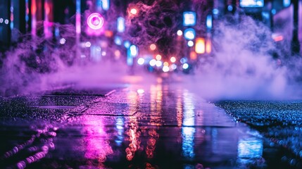 Vibrant City Night with Mist and Neon Lights