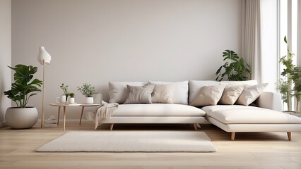  Scandinavian-style living room with a white sofa placed on wooden parquet floor, highlighting minimalist design and natural
