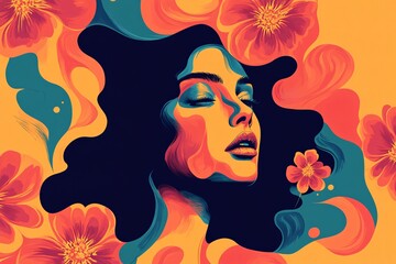 Bold Abstract Woman’s Face with Trippy Flowers and Swirling Retro Colors