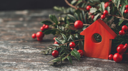 Miniature red house on the background of twinkling lights with bokeh effect.Christmas background with festive decor.New Year scene evokes the feeling of winter wonderland and festive mood.