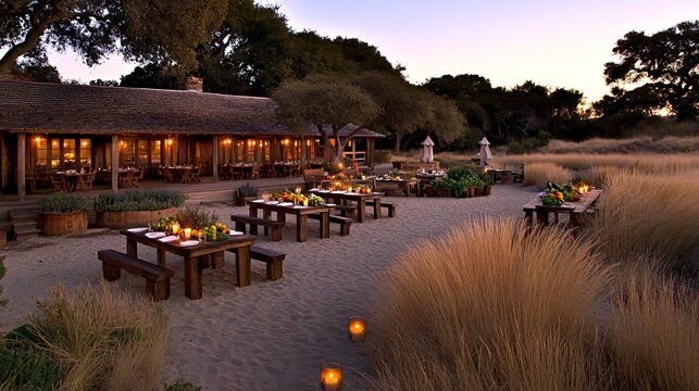 A rustic wooden dining area with tables and benches set up in a grassy field for a large outdoor dinner party, with candles lit on the ground and a wooden cabin in the background.