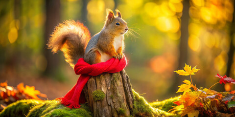 fluffy squirrel sits on mossy stump, wrapped in vibrant red scarf, surrounded by colorful autumn leaves and soft golden light filtering through trees