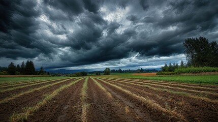 Fototapeta premium Storm Clouds Over a Plowed Field in a Rural Landscape