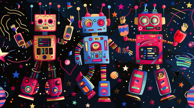 Colorful robots in a whimsical space setting surrounded by stars and playful elements.