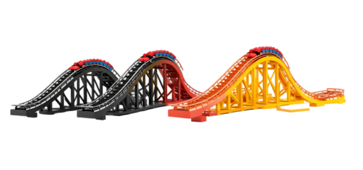 three set of steep rollercoaster ride isolated transparent background