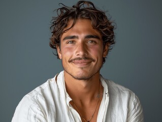 Smiling Handsome Man in White Shirt, Closeup Portrait for Dental Ad, Stylish Hair and Beard, Strong Jawline, Isolated on White Background