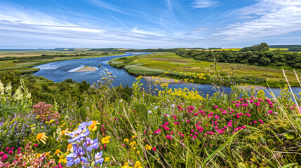 Scenic view of a river surrounded by vibrant wildflowers under a blue sky.