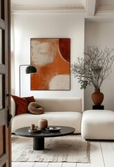 Modern Living Room with White Walls, Terracotta Art, Beige Sofa and Black Coffee Table