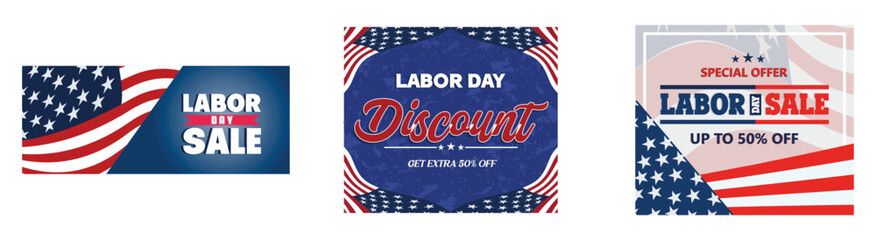 PrintLabor Day Sale horizontal banner. Advertising and holiday shopping. Happy Labor Day. Set flat vector modern illustration