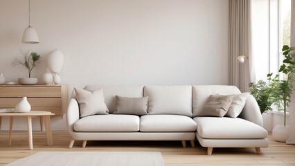 Contemporary Scandinavian home interior with a white sofa on warm wooden parquet, emphasizing minimalism and a cozy,