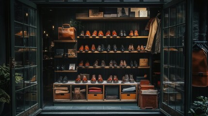 Display of Leather Shoes and Accessories in a Store Window