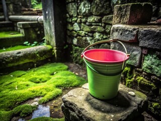 Plastic Bucket in Ancient Groundwater Well - Captivating Product Photography for Nature and Rustic Themes