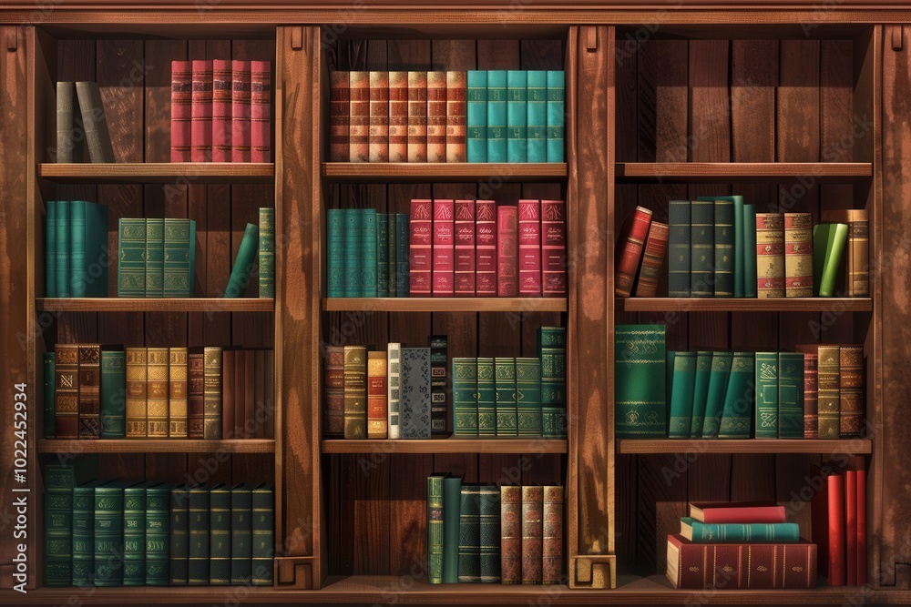 Poster A collection of vibrant textbooks and academic literature neatly arranged on wooden shelves invites readers to explore and learn. Generative AI