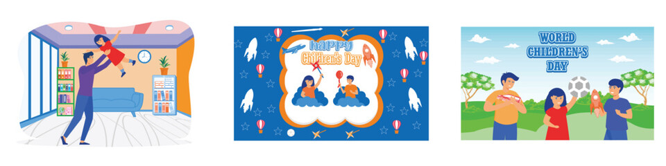 Happy family daughter hugs his dad on holiday. Happy Children's Day with boy and girl playing with toys on background. Happy International Children's Day design. Set flat vector modern illustration