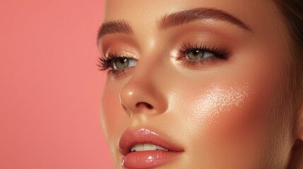 Fototapeta premium A close-up portrait of a woman with glowing skin, softly highlighted features, and captivating blue eyes against a vibrant pink background.