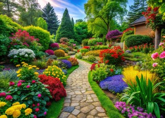 Fototapeta premium An entry landscape bursting with lush greenery and vivid flowers blends seamlessly with an elegant pathway layout, inviting visitors into a serene outdoor oasis.