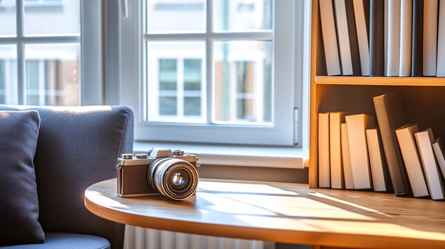 A vintage camera sits on a wooden table in front of a window, with a bookshelf to the right.