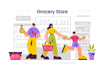 Vector Illustration of a Grocery Store Shelf Stocked with Assorted Food Items and Products for Daily Shopping Needs in a Flat style Background