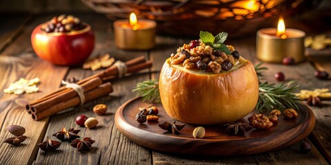 Naklejka premium Indulge in baked apples stuffed with raisins and nuts, a warm, comforting dessert that shines beautifully in cozy low light, inviting sweet, shared moments.
