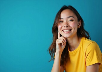 Fototapeta premium Smiling Woman in a Bright Yellow T-Shirt Against a Blue Background - A Casual and Vibrant Fashion Portrait