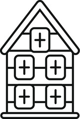 Simple line art icon of a hospital building with crosses, representing healthcare and medical services