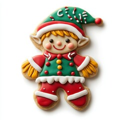 Festive Elf Shaped Cookie with Colorful Icing on White Background